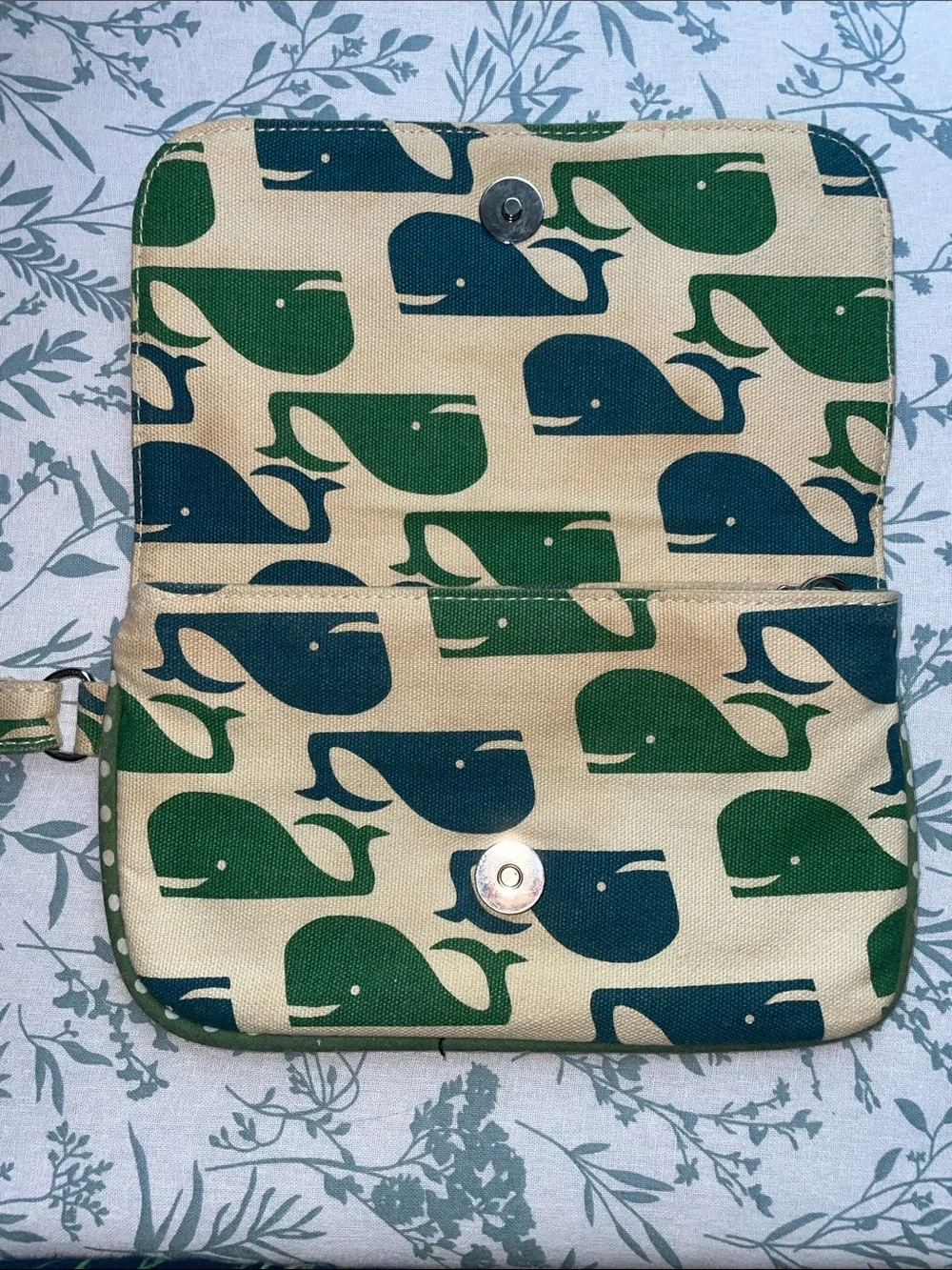 bungalow 360 Cream Wristlet with Green and Teal Whale Print